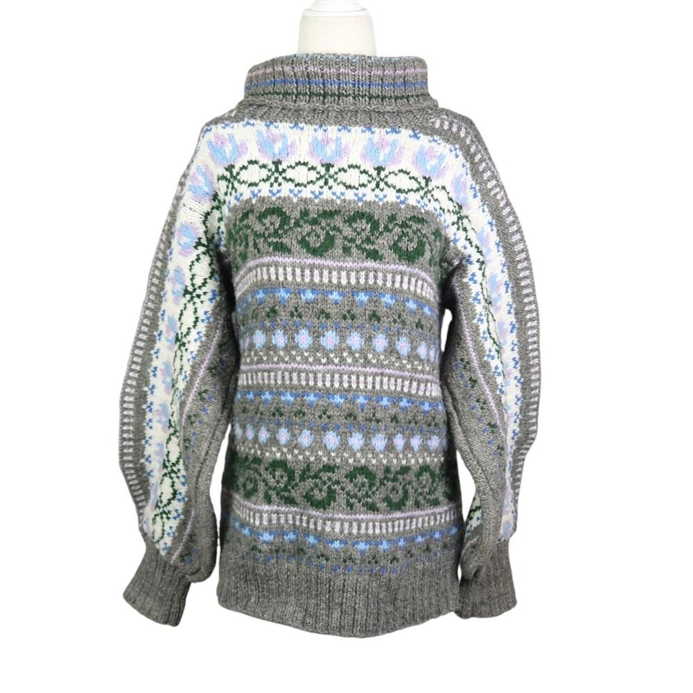 Vintage Grey Wool Fair Isle Turtleneck Sweater Nordic Scandinavian S